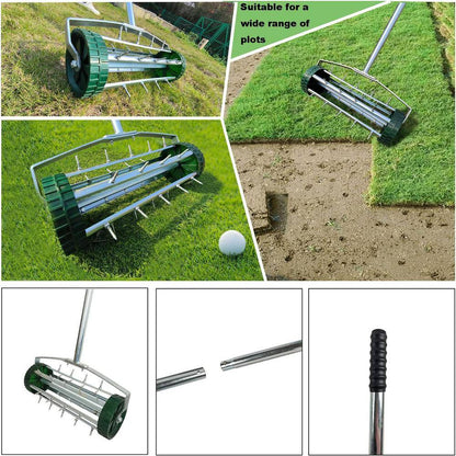 1.4 In. Rolling Spike Varius Tine Aerator Garden Yard Rotary Push with 3-Piece Long Steel Handle