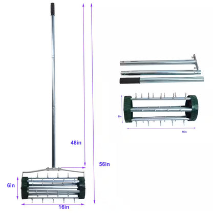 1.4 In. Rolling Spike Varius Tine Aerator Garden Yard Rotary Push with 3-Piece Long Steel Handle