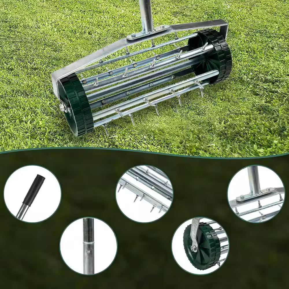 1.4 In. Rolling Spike Varius Tine Aerator Garden Yard Rotary Push with 3-Piece Long Steel Handle